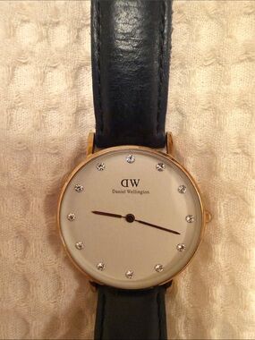 Daniel Wellington Gold Case Black Leather Watch with Crystal Accents